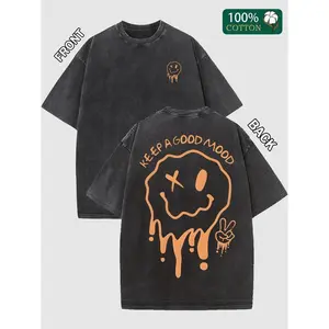 Washed Cotton T-Shirts Featuring an Orange Smiley Face and the Phrase "KEEP A GOOD MOOD" for a Laid - Back Vibe