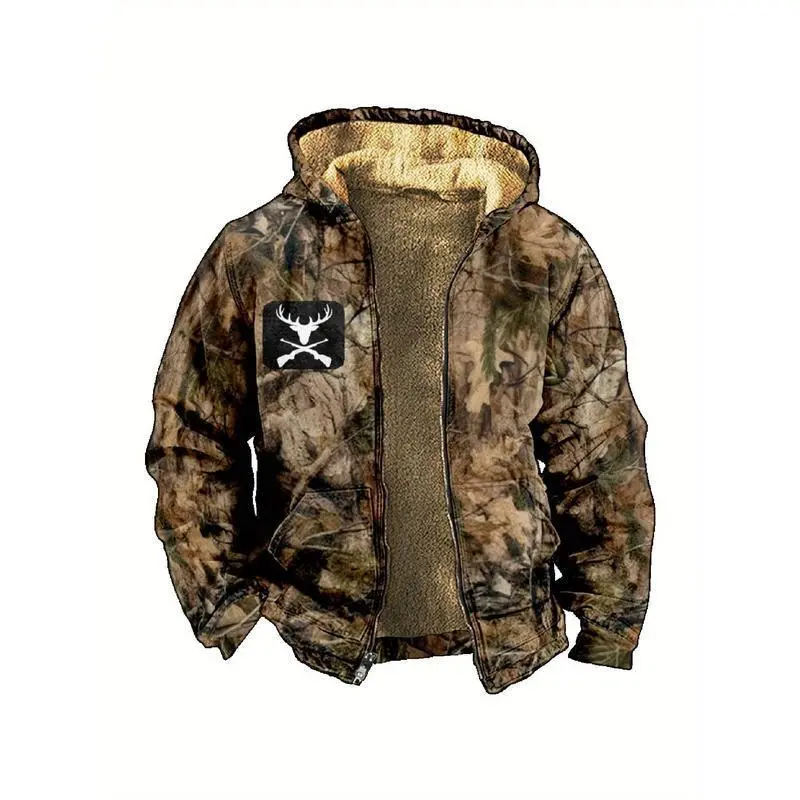 Men's Fleece-Lined Camo Jacket with Full-Zip Closure & Hood - Camouflage Leaf Print Winter Coat, Regular Fit Machine-Washable Polyester Outerwear for Autumn & Winter, Winter Jackets, Hunting Clothing, Casual Style, Heat Transfer Print