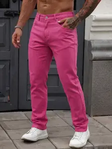 Men's Stretch Casual Slim Fit Jeans, Street Style Hot Pink Slim Fit Stretch Denim Jeans Pants For Men, Perfect for Daily Wear and Comfort, Ideal for Casual Occasions