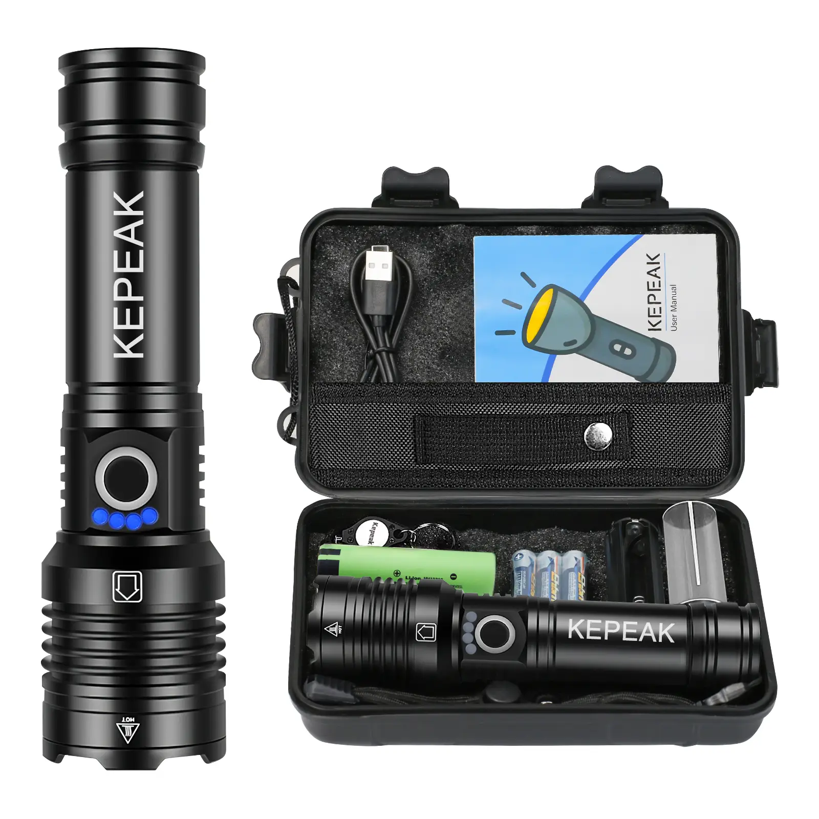 USB Rechargeable LED Flashlight, 20000 Lumen, 5 Modes, Zoom & Side Light, Power Display, Waterproof, Ideal for Camping & Emergencies