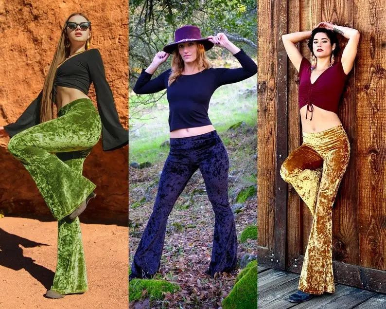 Velvet Bell Bottoms - Flares Festival Clothing - Crushed Velvet Stretchy Pants - Hippie Boho Festival Wear - Velvet Flare Pants