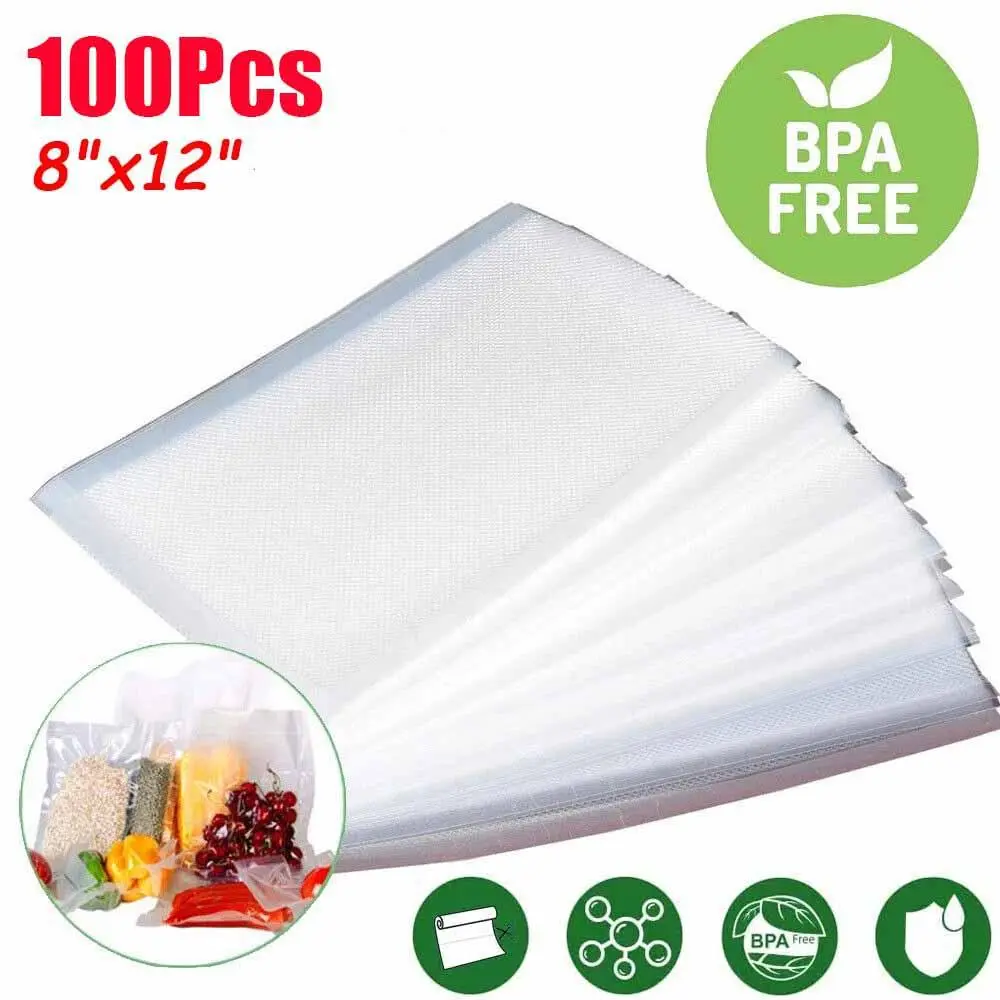 100 Pcs Quart Vacuum Sealer Bags,  8"x12" Embossed Food Storage Pouches, Non-BPA Heavy Duty Clear Bags with Tear Notch for Kitchen Sous Vide & Meal Prep