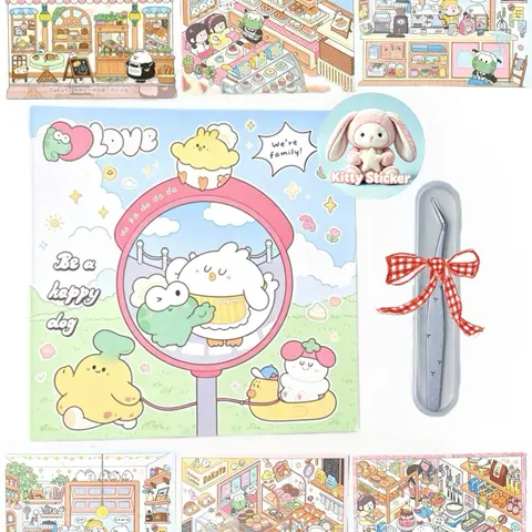 Kitty Sticker (DaKaYa Bakerye-6 Themes), 3D Miniature Scene Sticker Book, 3D Miniature Scene Stickers, DIY Craft Scrapbooking Set with Upgraded Positioning Lines, Perfect for Beginners, Girls, Children(6 Themes+Tweezer)