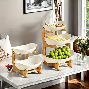 Multi-Tier Fruit Basket with Wooden Bamboo Stand Display Holder - European Style Colorful Plastic Bowl Set, Living Room Essential, Perfect for Fruits/Snacks/Cakes, Ideal for Weddings & Parties
