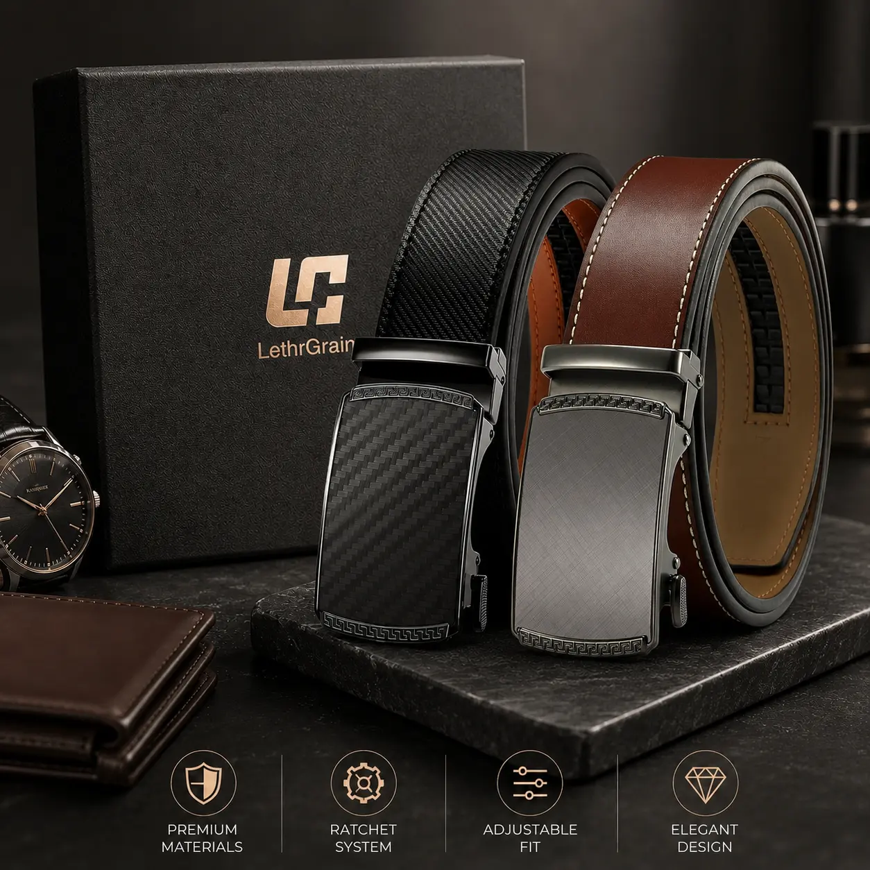 Leather Ratchet Belt Men 2 Pack Customizable Fit Effortless Style 35mm Adjustable Buckle Belts for Everyday Wear