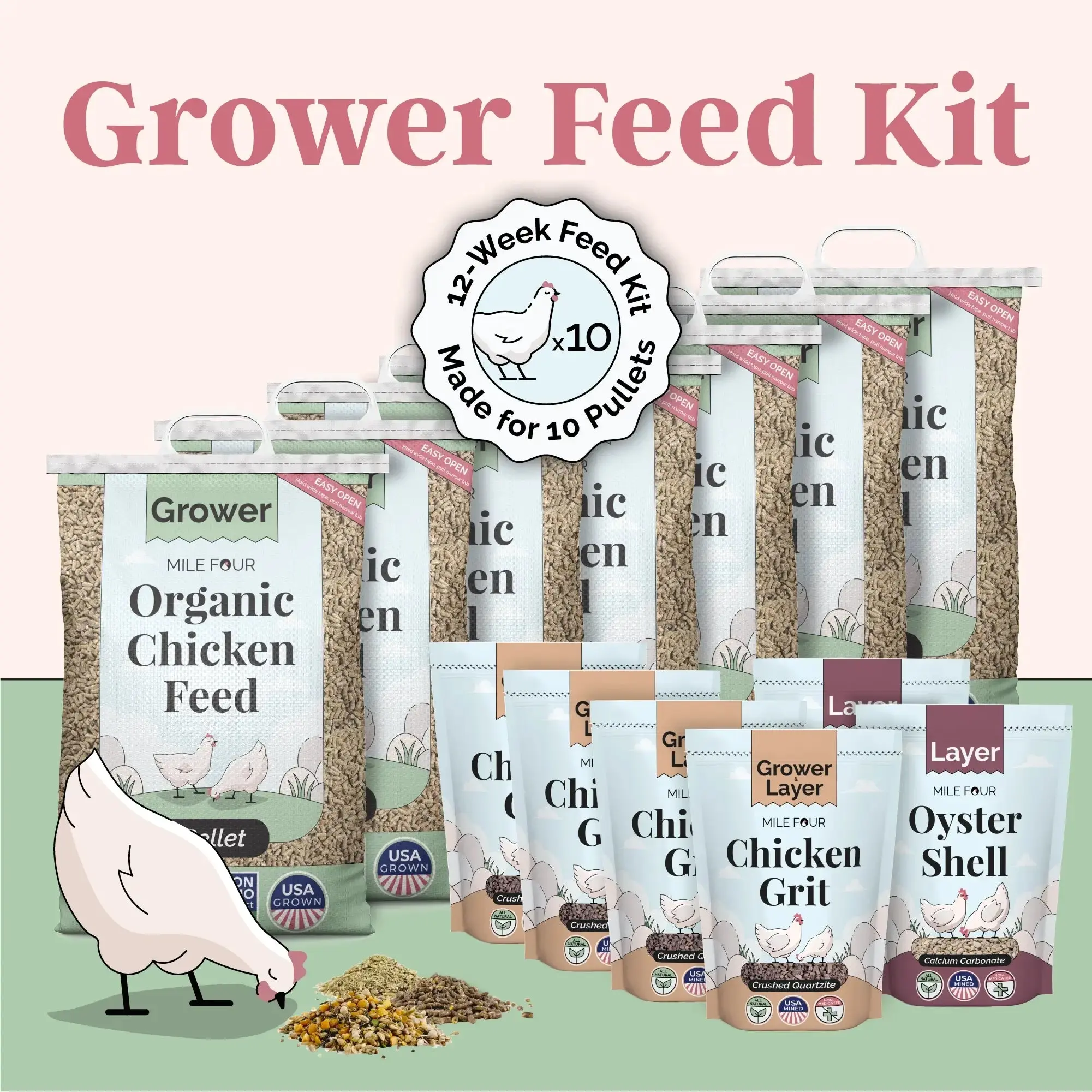 Organic Grower Feed Kit - 12 Weeks of Organic Feed & Grit for 10 Pullets, USDA-Certified Organic, Non-GMO