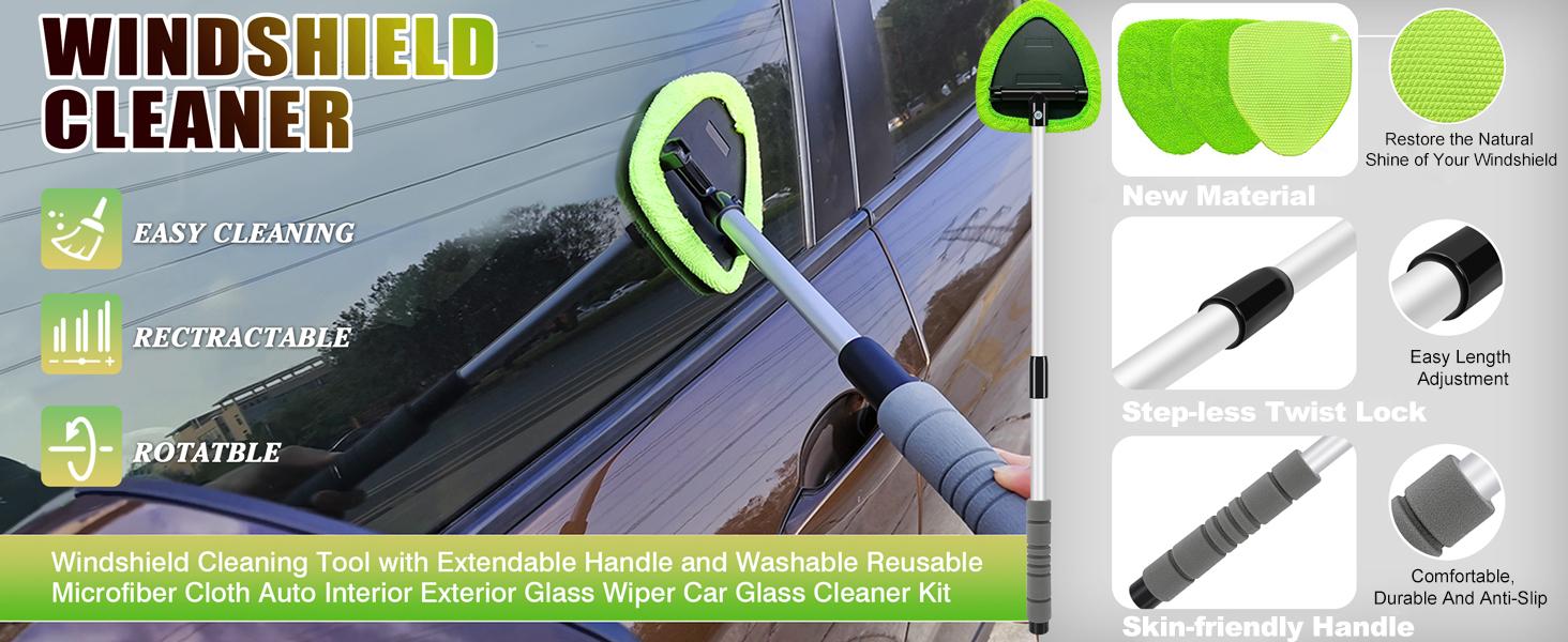Portable Windshield Cleaner Tool – Car Interior Window Cleaning Kit with Extendable Handle & 3 Microfiber Pads, Auto Wiper Inside Windshield Brush Defogging Brush for Car & Home Windows - Auto Cleaning Accessories!
