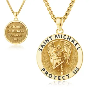 DRINSPER Golden Saint Michael Necklace 925 Sterling Silver Pendant St Michael the Archangel Protection Amulet for Men Boyfriend