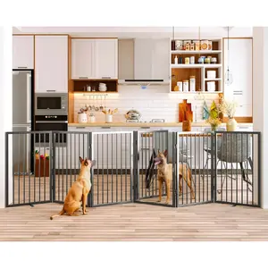 Folding No-Assembly Metal Pet Gate 120" Wide, 32" Extra Tall Dog Gate with Door Walk Through, Freestanding Accordion Puppy Gate Dog Door for Indoor & Outdoor, with 2PCS Support - Black