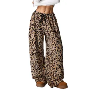 Women Therian Leopard Cheetah Fuzzy Pajama Pants, High Waist Grunge Fluffy Plush Lounge Pants, Drawstring Elastic Waist Wide Leg Teddy Pj Bottoms for Ladies