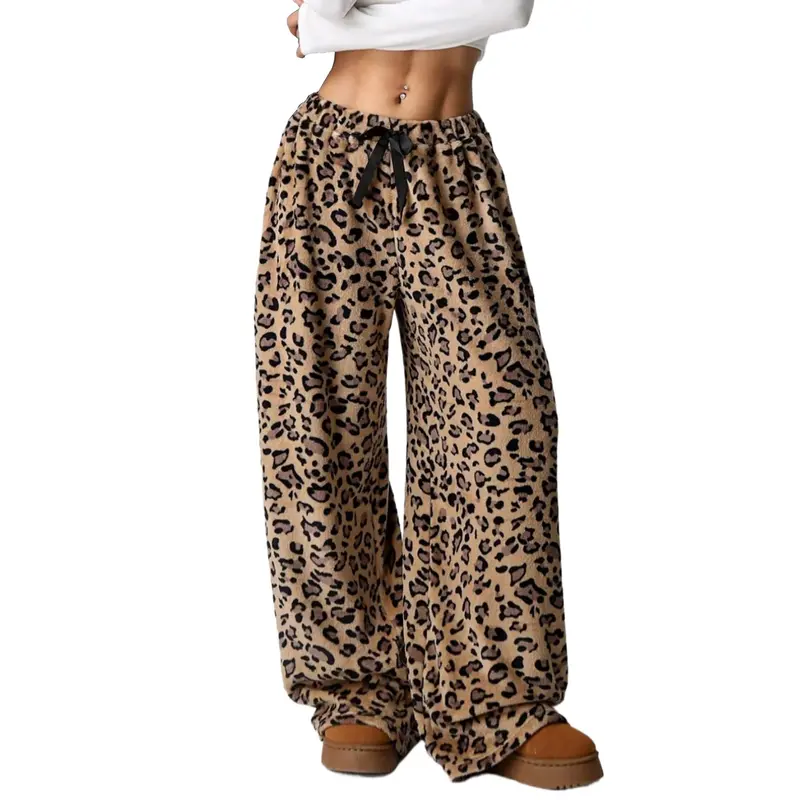 Women Therian Leopard Cheetah Fuzzy Pajama Pants, High Waist Grunge Fluffy Plush Lounge Pants, Halloween & Christmas Gift Drawstring Elastic Waist Wide Leg Teddy Pj Bottoms for Ladies