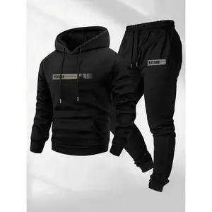 Men's Letter Print Hoodie & Drawstring Waist Sweatpants Two-piece Set, Casual Regular Fit Long Sleeve Hooded Sweatshirt & Jogger Pants for Fall & Winter, Men's Two-piece Outfits for Daily Wear