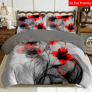 2/3 Pcs 2D Flat Artistic Red Flower Milk Velvet Duvet Cover Set Red Flower Bedding Set Quilt Cover 1 Duvet Cover + 1/2 Pillowcases Red Flower Top Sheet Decorative Bedding Bedroom Decor The Preferred Pick for Bedding