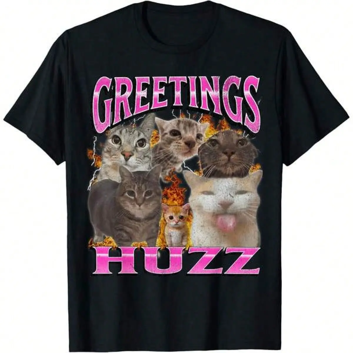 Cotton Men's T-Shirts, Greetings Huzz Funny Cat Meme Bootleg Graphic Men Women T-Shirt Funny T Shirt Graphic Tee Mens Tshirts Spring And Summe