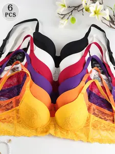 6-Pack Sexy Lace Push-Up Bras, Strong Support, Deep V Design, Adjustable Straps, Underwire, Multi-Colors, Daily Wear, Office, Date Night