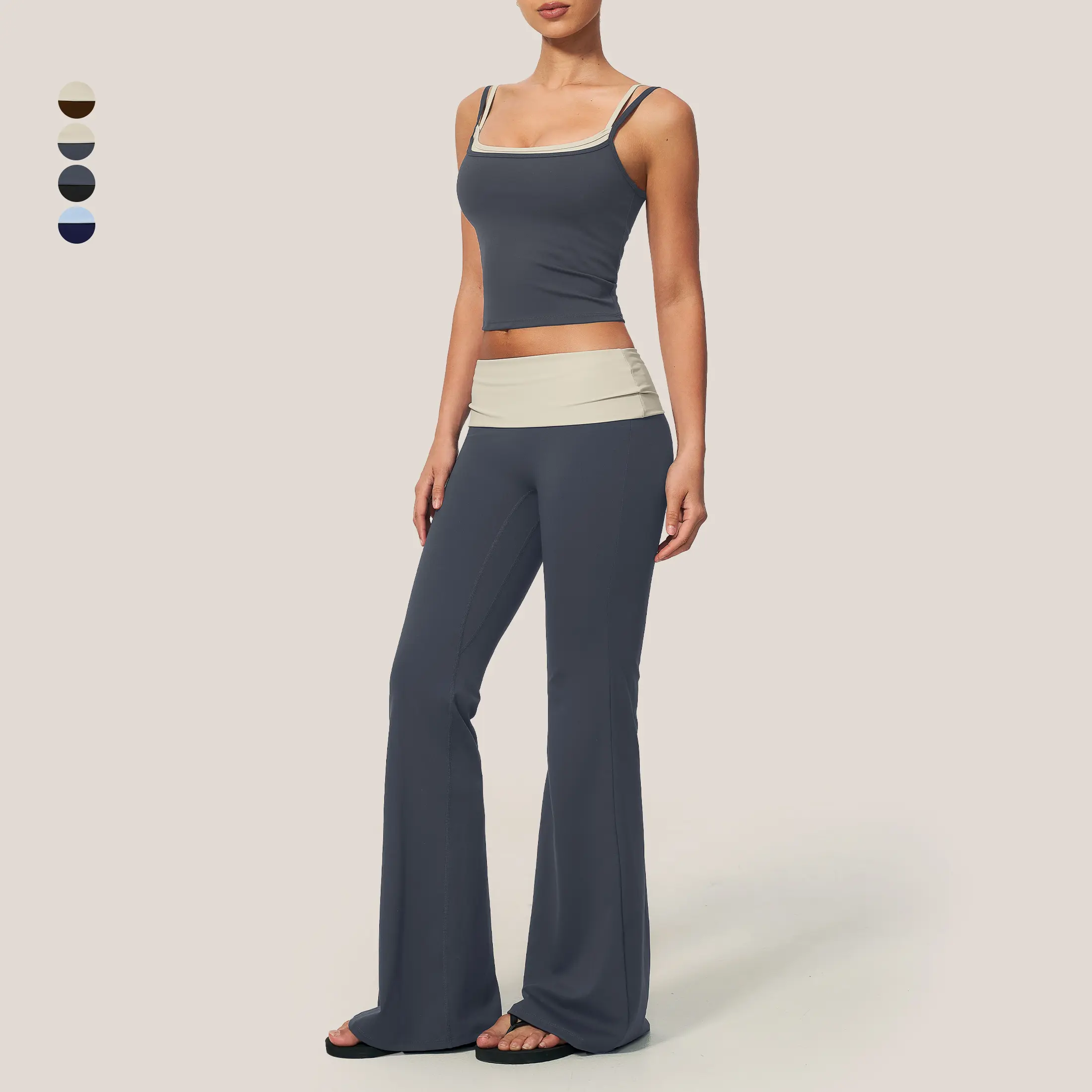 GIAFIRE Women's 2-Piece Yoga Fitness Outfit, Color Block Soft Activewear, U-Neck Color Block Cropped Tank Top & High Waist Hip-Lifting Slim High-Stretch Flare Long Pants, Perfect for Pilates, Gym, Daily Casual Wear and Outdoor Running