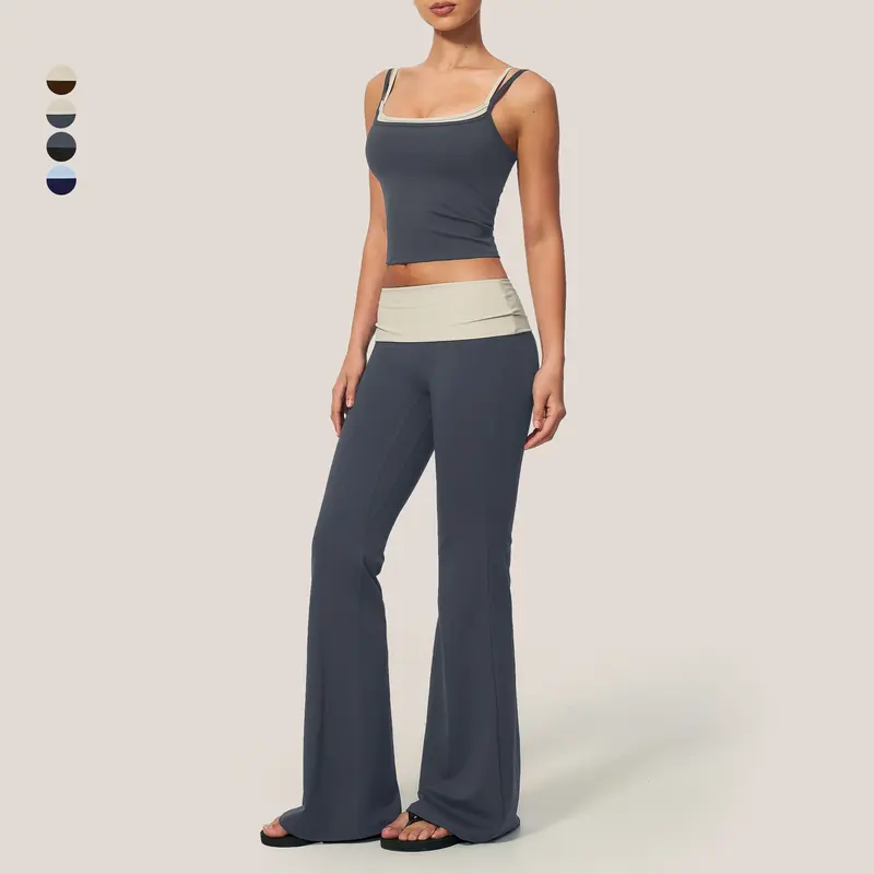 GIAFIRE Women's 2-Piece Yoga Fitness Outfit, Color Block Soft Activewear, U-Neck Color Block Cropped Tank Top & High Waist Hip-Lifting Slim High-Stretch Flare Long Pants, Perfect for Pilates, Gym, Daily Casual Wear and Outdoor Running