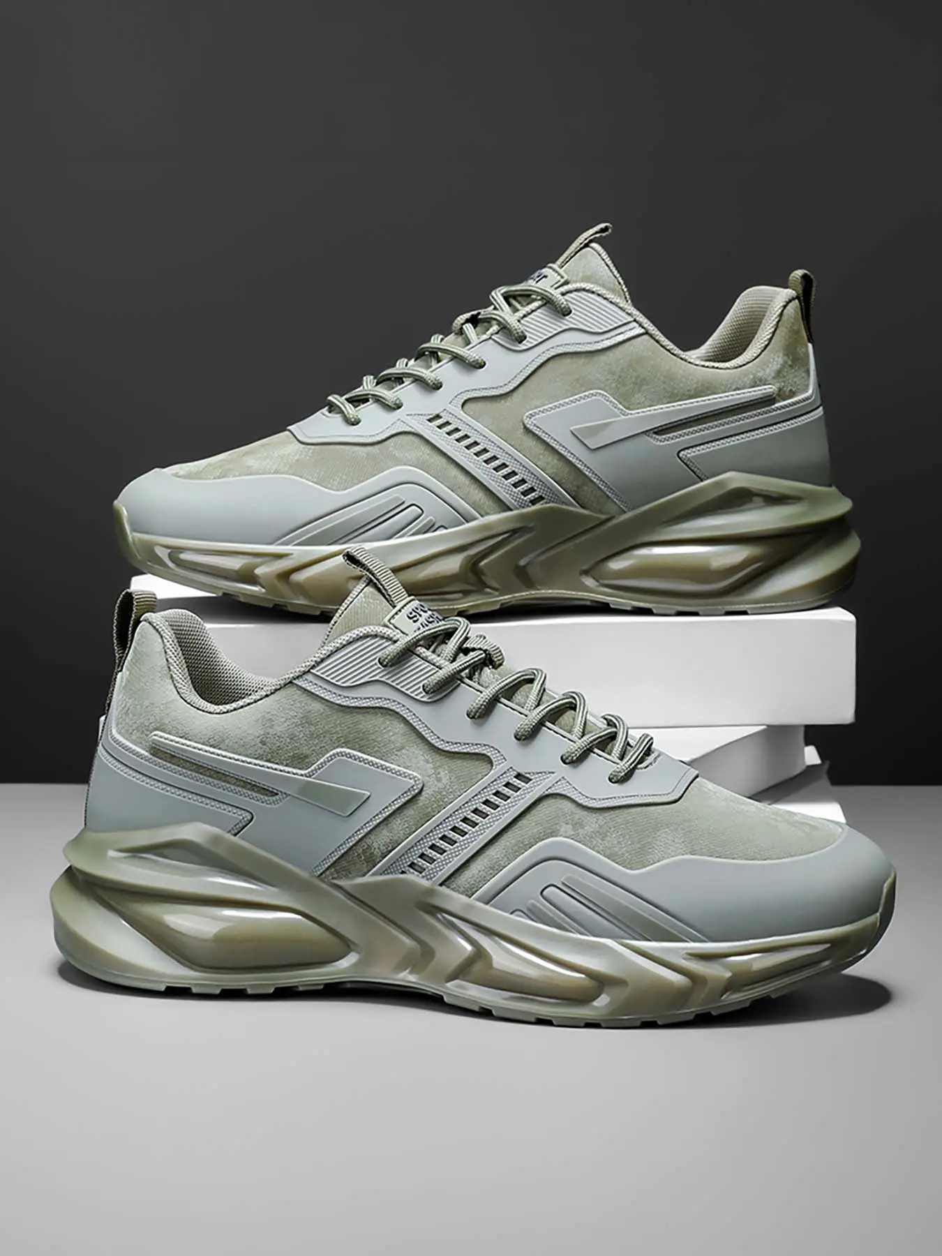 Men's Army Green Techwear Chunky Sneakers, Thick Cushioned Non-Slip Workwear Style Dad Shoes