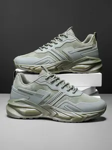 Men's Army Green Techwear Chunky Sneakers, Thick Cushioned Non-Slip Workwear Style Dad Shoes
