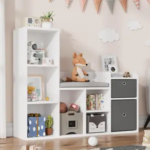Kids Bookshelf with Reading Nook - White Wooden 6-Cubby Toy Storage Organizer & Bench, 2 Drawers + Seat Cushion for Playroom, Nursery & Kids Room