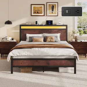 Bed Frame With LED Light , Industrial Platform Bed Built-In Charging Station, 1-Tier Storage Headboard, Under Bed Storage Space, No Box Spring Required, Noise-Free,Coffee Brown