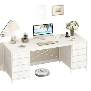 60 Inch Computer Desk with 8 Drawers, Home Office Desk with Power Outlets, Work Study Gaming Desk with 8 Fabric Drawers, White