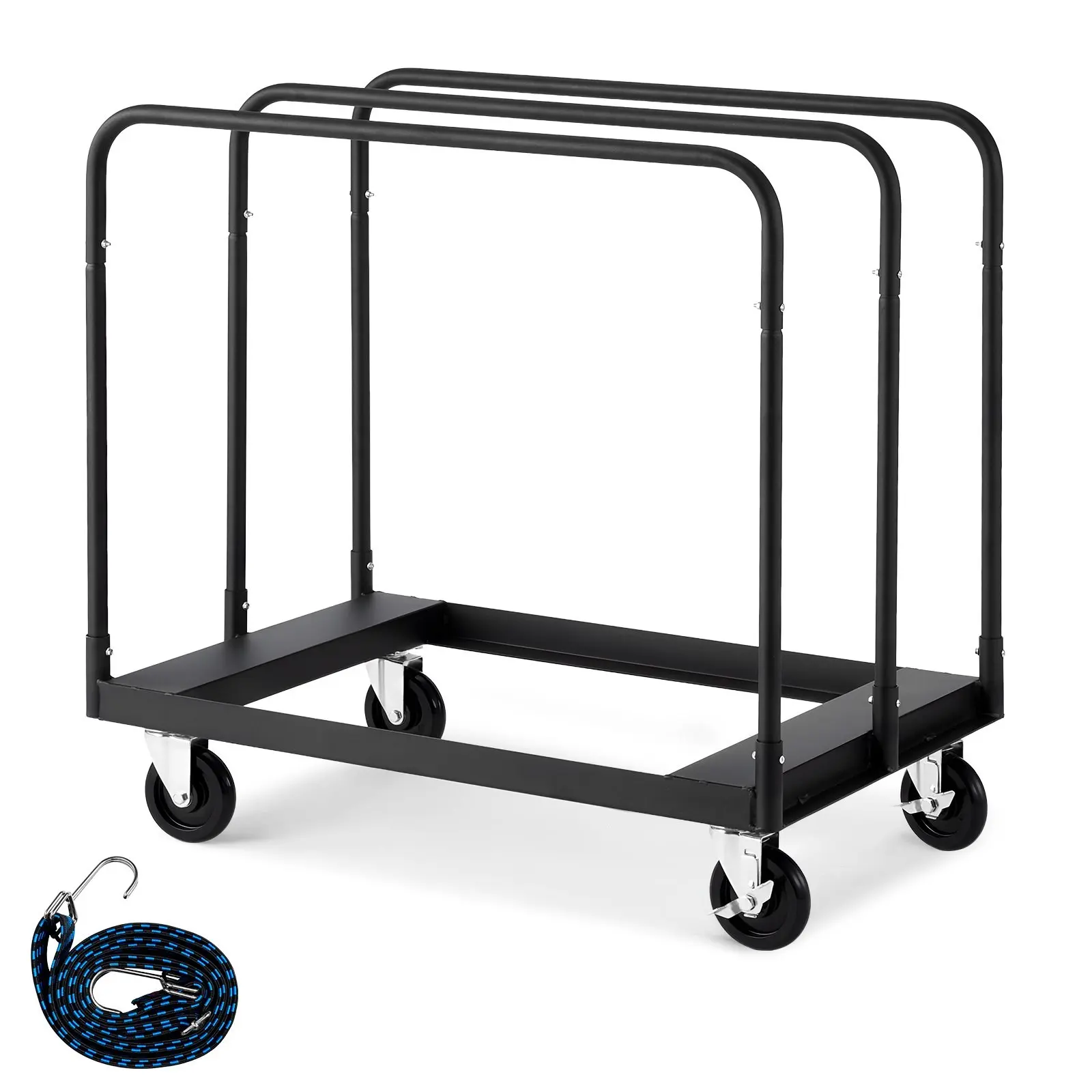 Drywall Cart Dolly With 1800 Lbs Load Capacity, Steel Panel Truck Cart Featuring 5-Inch Swivel Casters, Lumber Drywall Dolly With Tie-Down Strap, 3-Side Handrails, Suitable For Factory, Warehouse, and Garage, Black