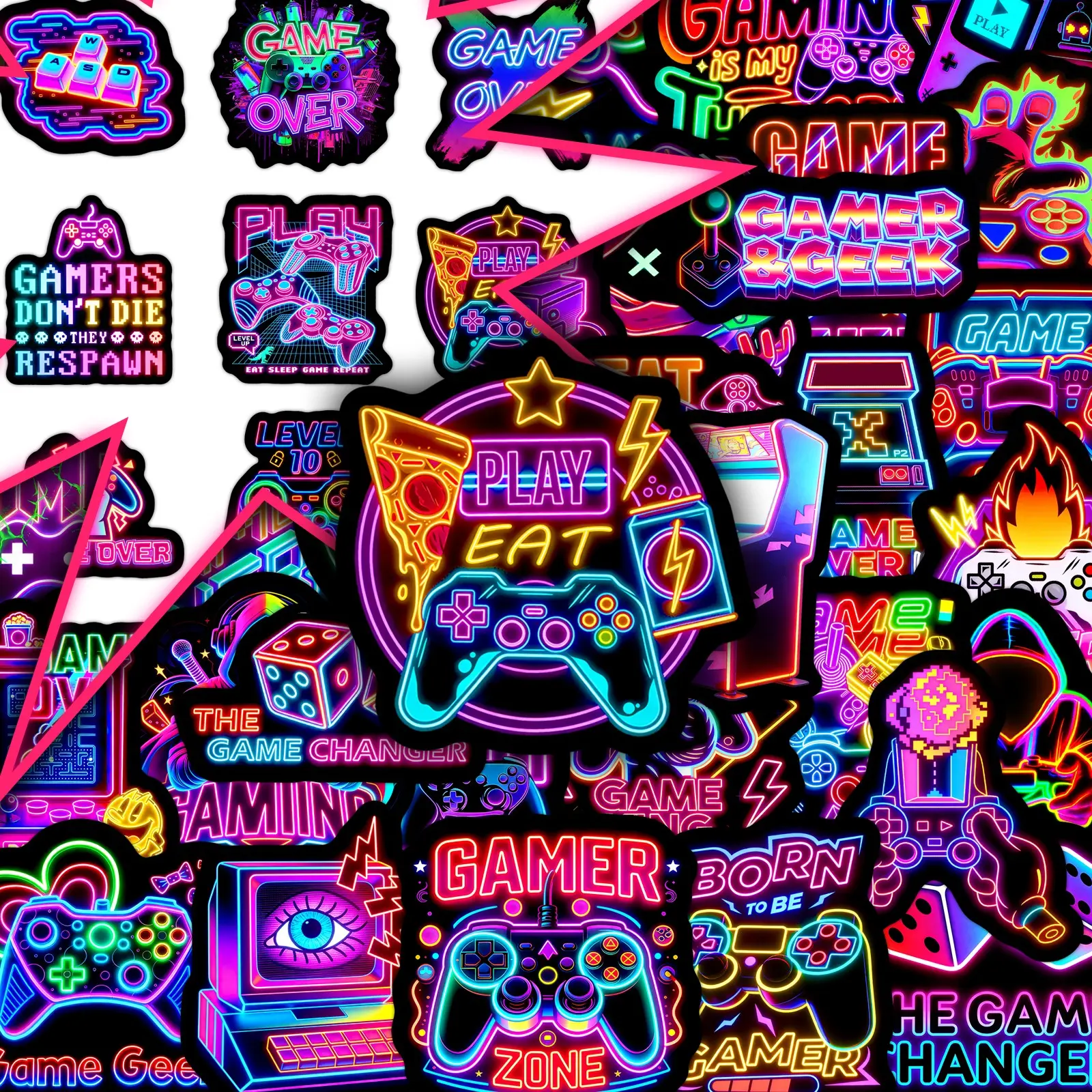 50pcs Neon Game Cartoon Design Stickers – Trendy Cool Decals for Scrapbooking, Phone Case, Laptop, Desktop