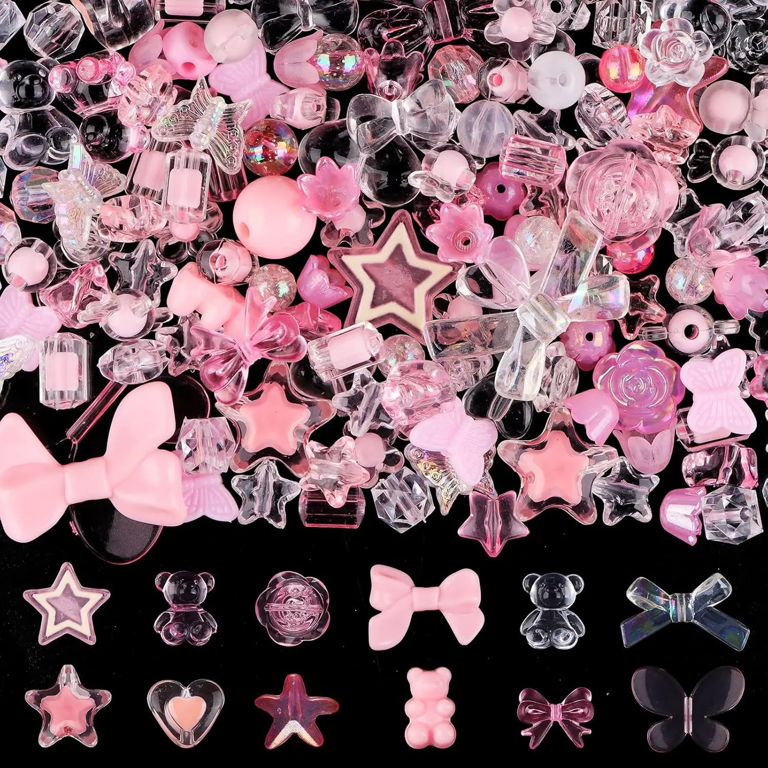150 count  Pastel Beads for  Making,  Colorful Bow Butterfly Flower Kawaii Plastic Candy Heart Cute Macaroon Aesthetic Beads for Bracelet Necklace DIY Supplies (Pink)