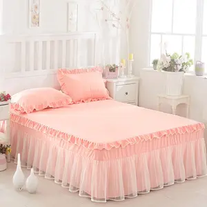 Lace Bedskirt Set with 2 Ruffled Pillowcases, Elegant Mattress Protector, Suitable for Bedroom, Guest Room, Hotel, Dormitory Decor, Pleated Bedding Sets