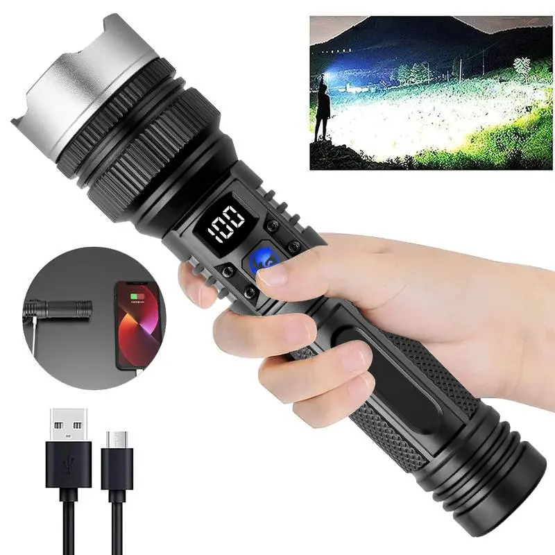 2-in-1 Strong Flashlight (Power Bank), Digital display ofpower, Rechargeable, Zoomable,, X4Waterproof,Adjustable Brightness Flash Light for Outdoor, Emergency,Camping Accessories, Black tiktokshopsummersale outdoorfun