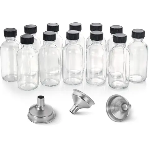 12 Pack, 2 oz Small Clear Glass Bottles w/Lid & 3 Funnels - 60ml Boston Shot Bottles for Health, Immunity, Potion, Wellness, Sample, Ginger, Juice - Mini Personal Care & Beauty Travel Bottle