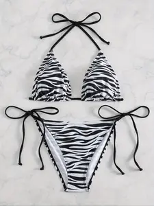 Two-piece Set Women's Zebra Stripe Print Halter Triangle Bikini Set, Swimsuit Style Bikini, Casual Sexy Backless Tie Back Swim Top & Tie Side Swim Bottom, Ladies Swimsuit for Beach Holiday Vacation, Bikinis Sets