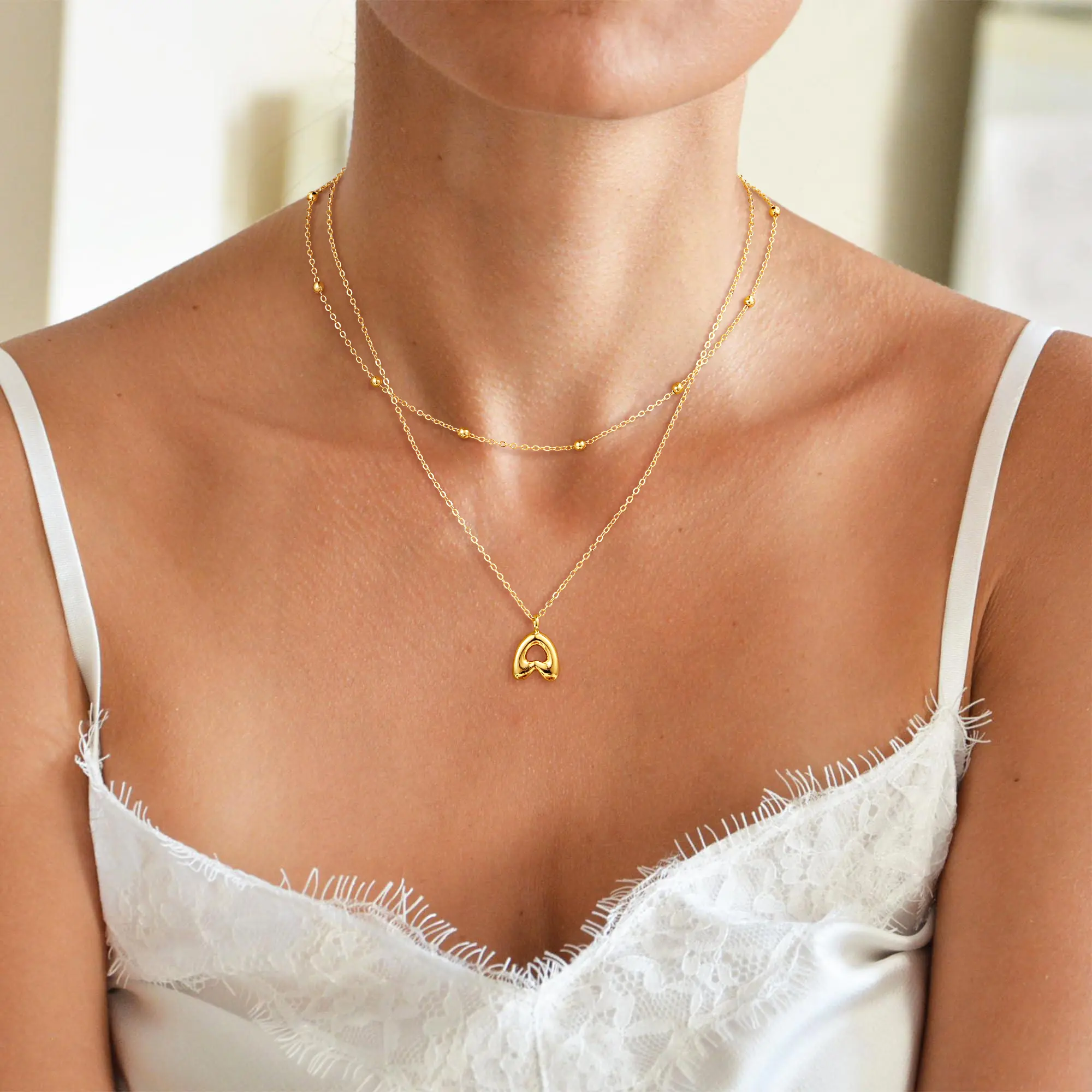 KOPERIN 2-Piece Initial Necklaces for Women, Dainty Balloon Bubble A-Z Letter Necklace Set, Alphabet Pendant Layered Choker, Personalized Jewelry & Accessories Gift