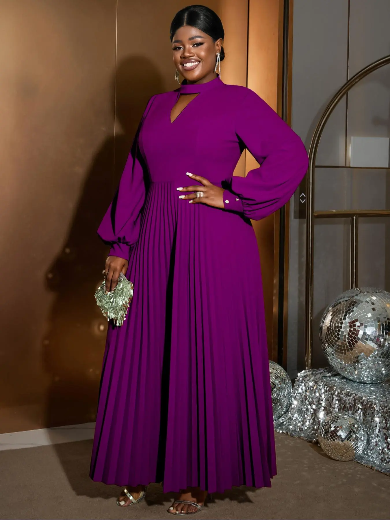 Plus Size] Plain Cut Out Lantern Sleeve Pleated Hem Dress Mock Neck Long  Sleeve A Line