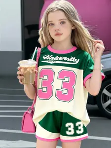 Fashion Casual Street Style Digital Print Short Sleeve T-Shirt and Shorts Set, Spring Summer Tween Girls, Loose Fit