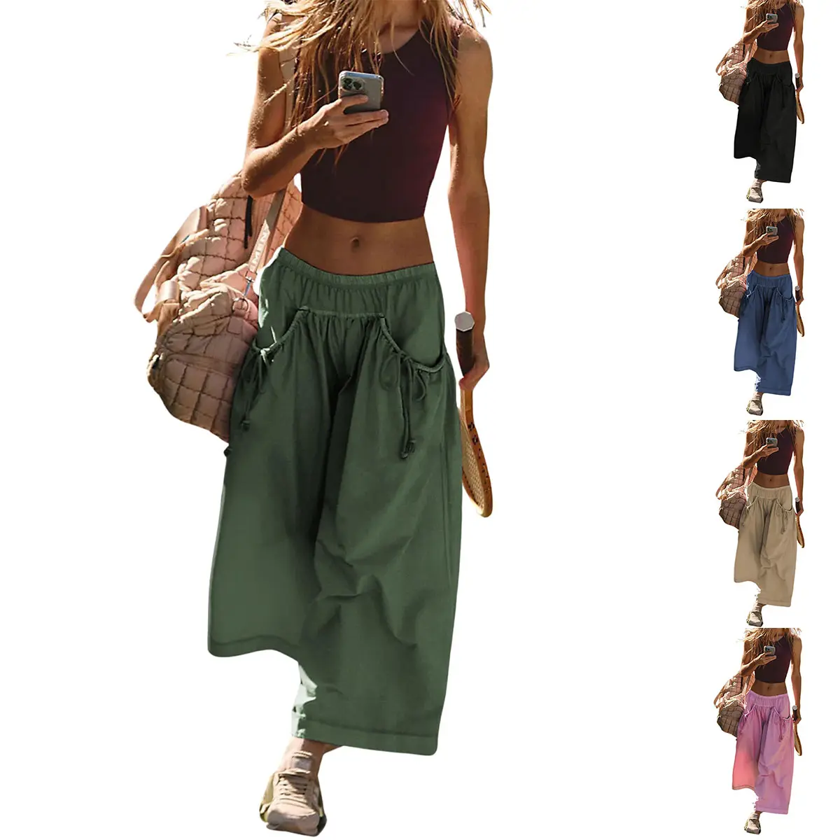Molitree Women's Loose Wide Leg Track Pants Drawstring Pockets Elastic Waist Capri Hiking Pants