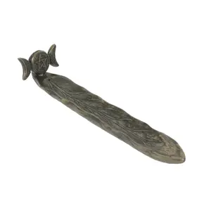 Triple Moon Goddess Bronze-Finished Stick Incense Burner, Featuring Celtic Knotwork and Hand-Painted Details for Wiccan, Pagan, and Gothic Altar Decor