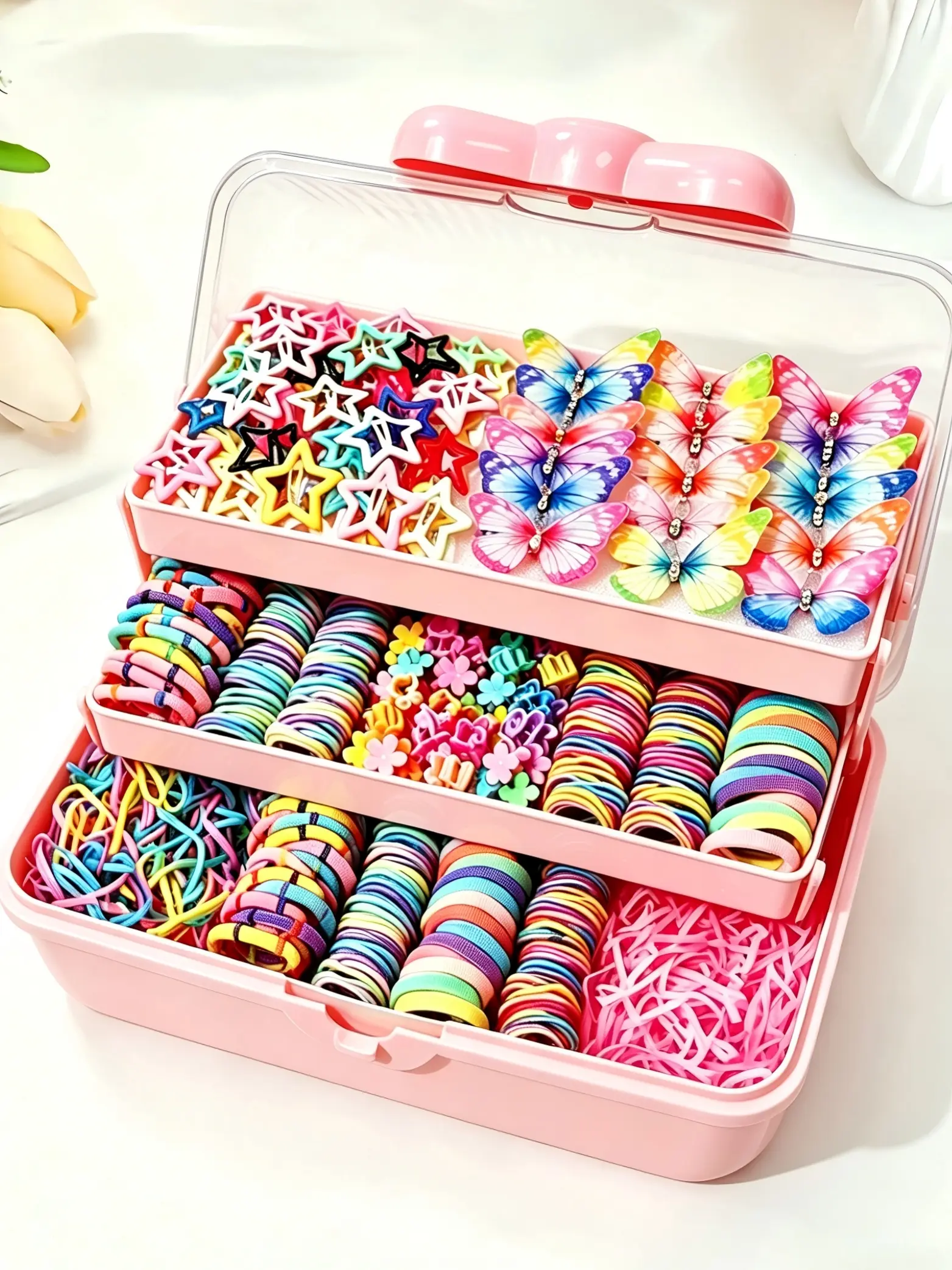 942pcs Girl Hair Gift Box with 3-Layer Storage, Cute Hair Accessories, Hair Accessory Set, Hair Accessories Sets, Non-Damage Ties, Butterfly Clips, Star Side Clips & Claw Clips, Great for Daily, School, Parties, Hairstyle Set