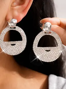 Silver Color Rhinestone Round Bag Charm Earrings, Luxurious High-End Ear Studs, Fashion Jewelry Gift for Holidays Christmas Birthday Anniversary