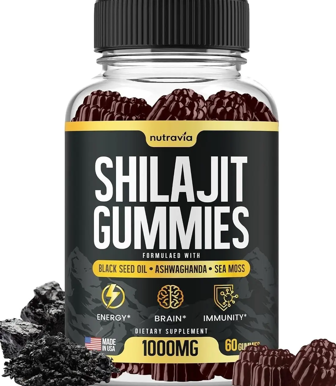 Shilajit Gummies - 3 in 1 with Sea Moss, Black Seed Oil, Ashwagandha - Natural Formula Shilajit Supplement 85+ Trace Minerals, Pure Himalayan Shilajit Gold Gomitas De Shilajit, USA Made (60 Gummies)