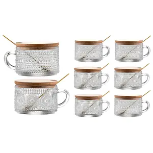 Antique Embossed Glass Coffee Mugs 8Pcs 14oz See-through Cups With Wooden Caps Reusable Universal Drinkware For Latte Cappuccino Porridge Hot Cold Juices Home Kitchen Layout Festival Souvenir