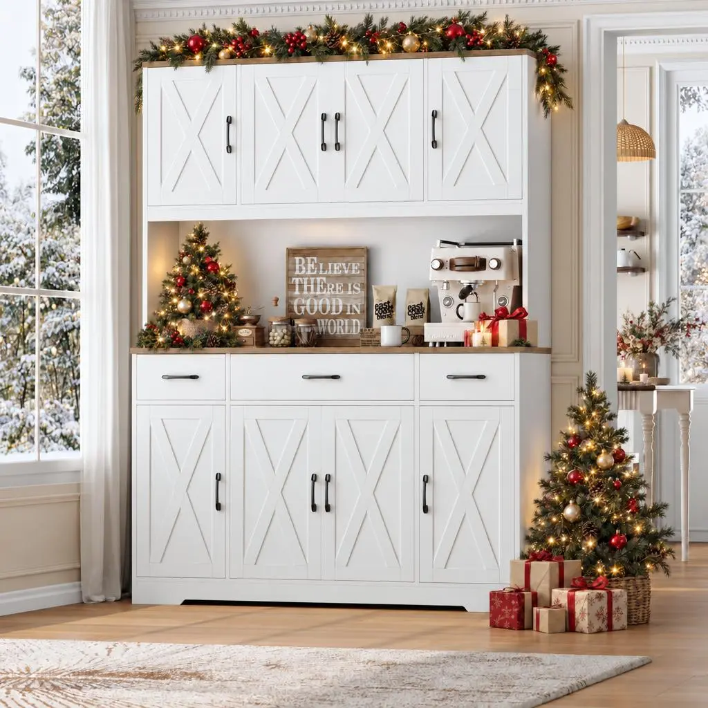 【FallDealsForYou】HOSTACK 71" Tall Pantry Cabinet, Pantry Storage Cabinet with USB Charging Station, 55" Large Countertop, 3 Drawers, Adjustable Shelves, Coffee Bar, Sturdy Wood Kitchen Hutch, Christmas Gift, Home essentials