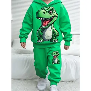 Boys' Autumn and Winter Cartoon Dinosaur Print Hoodie + Cartoon Dinosaur Print Sweatpants Two-Piece Set, Suitable Boys' Outdoor Wear in Autumn and Winter, Gift Kids, Perfect Outdoor, Boy'S Clothes, Dinosaur Boy, Set Boy, Boy Set On