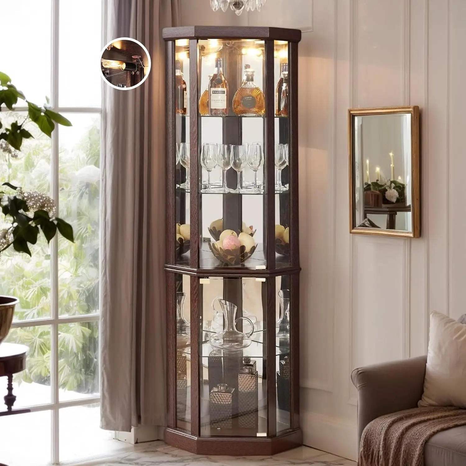 70" H Lighted Corner Curio Cabinet, Glass Display Cage with Tempered Glass Doors and 5 Adjustable Shelves, Wine Cabinet Storage Rack for Bar and Liquor Storage (Cherry)