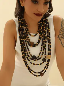 Handmade Bohemian Multi-Layer Wood Bead Necklace, Beaded Necklace, Unique Handcrafted Jewelry, Ethnic Style, Versatile Accessory for Mature Women