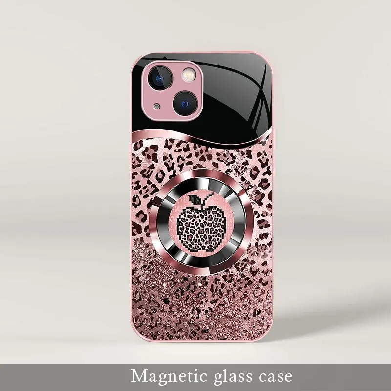 Trending “Affordable Luxury” Pink Glitter Mermaid Scale & Leopard Print MagSafe Glass Case for iPhone 13 — 9435