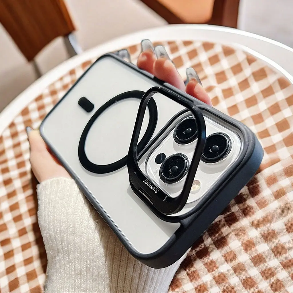 Magnetic Wireless Charging Camera Lens Metal Stand Shockproof Matte Phone Case For iPhone 12 13 14 15 16 Pro Max