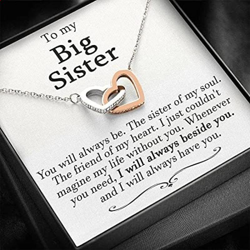 Big Sister and Little Sister Necklace, Big Sis Lil Sis Gift, Matching Sister Necklaces, Christmas for sister, Sister to Sister Gift, Interlocking Hearts Necklace I will always beside you. Necklace Jewelry With Meaningful Messages Card & Box