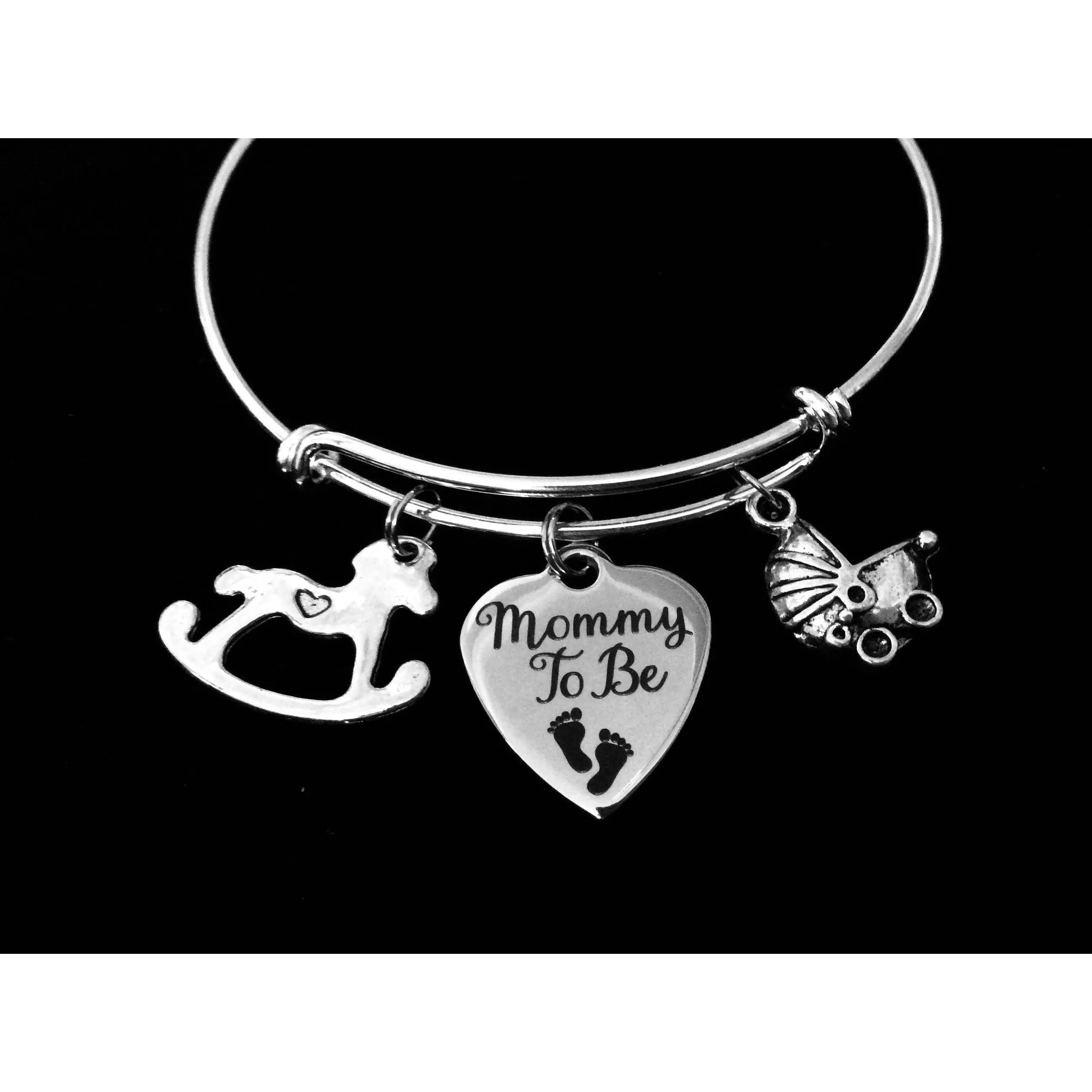 Mommy to Be Jewelry Adjustable Bracelet Expandable Charm Wire Bangle New Mom Gift Shower Rocking Horse Baby Carriage One Size Fits All